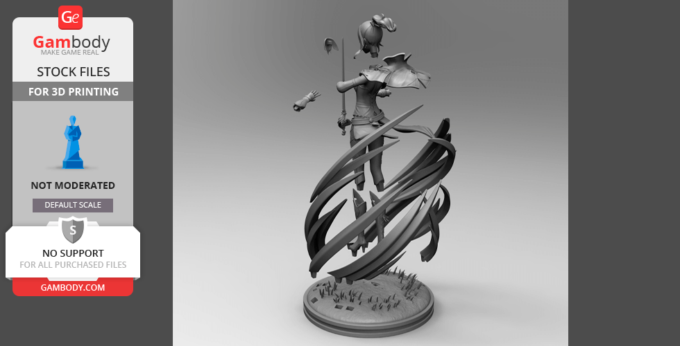 3D model of a character with swirling ribbons, standing on a detailed base.
