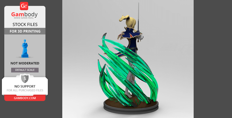 A 3D model of a character with a sword, surrounded by swirling green energy, standing on a circular base.