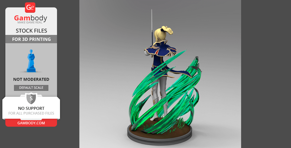 A 3D model of a character with a sword, surrounded by swirling green energy, standing on a round base.