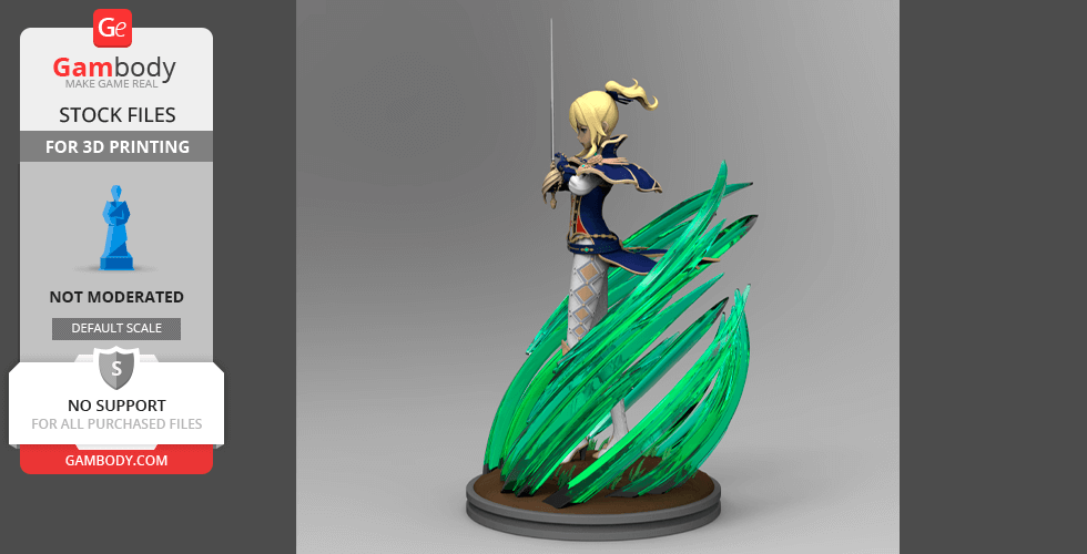 3D model of a character with a sword, surrounded by swirling green energy on a round base.