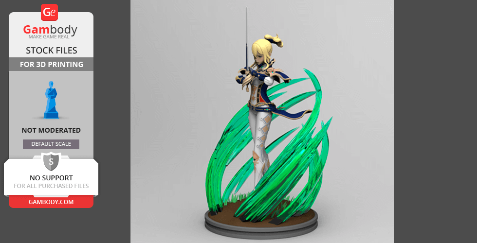 3D model of a warrior character with sword, standing amid green energy waves, on a circular base.