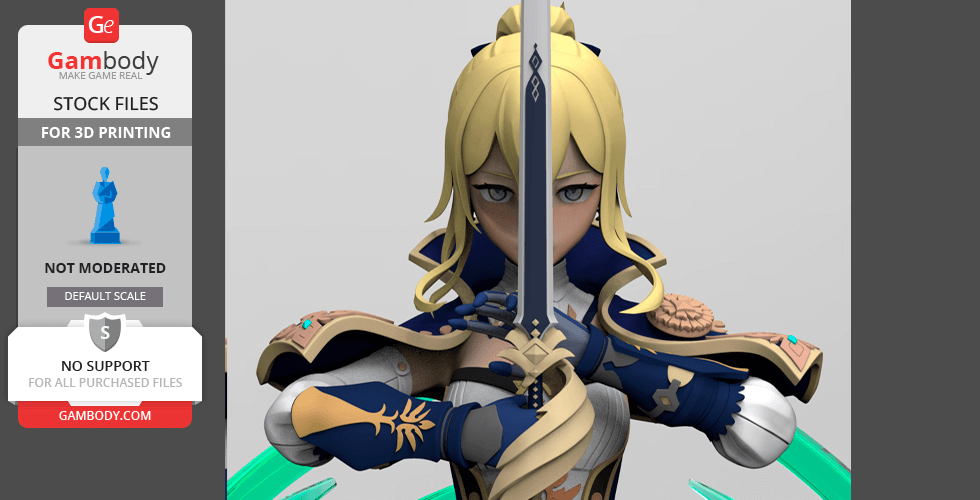 A 3D model of a poised anime warrior with a sword, wearing ornate armor, ideal for printing.