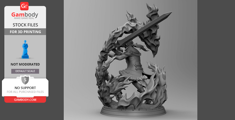 A character wielding a large sword, surrounded by swirling flames in a dynamic pose, ready for 3D printing.