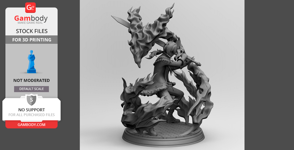 A dynamic 3D model of Diluc from Genshin Impact, wielding a sword with swirling flame effects.