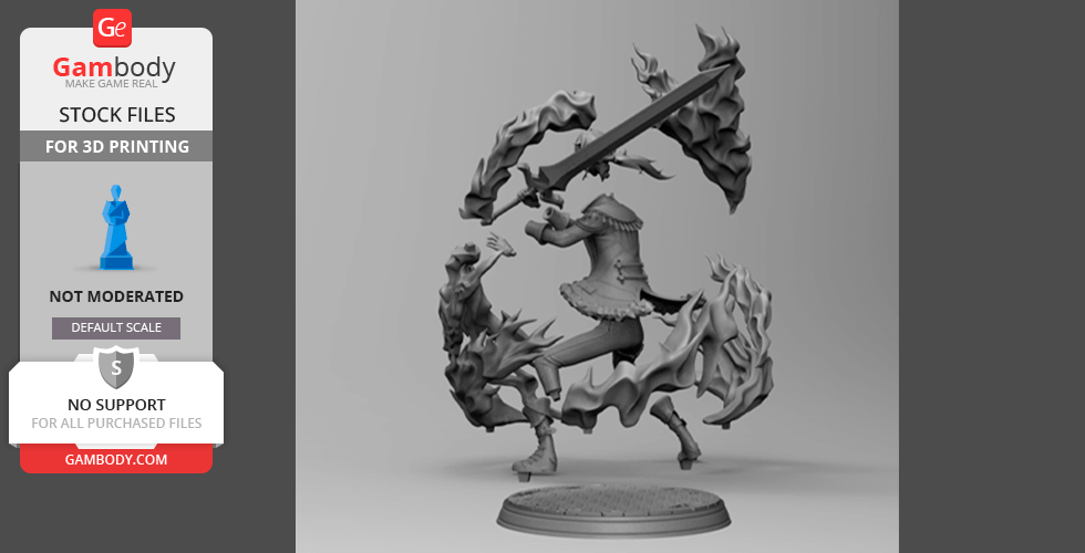 A dynamic 3D model of a fantasy warrior with a sword and swirling flames, ready for 3D printing.