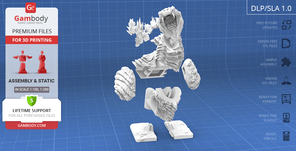3D printable bust of a monster figure in separate pieces, displayed on a blue grid background.