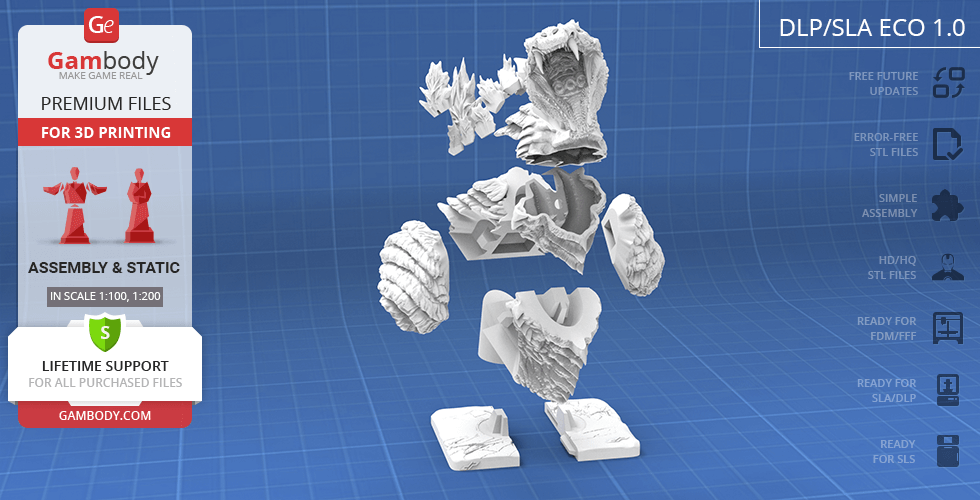 3D printable Godzilla bust STL model with detachable parts on a blueprint-style background.