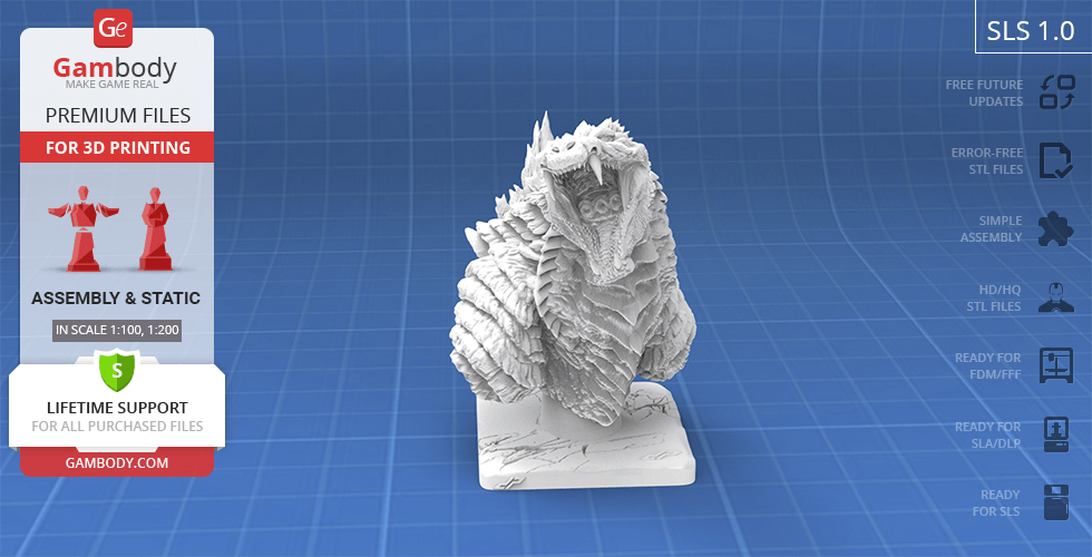 3D-printed Godzilla bust with detailed scales and fierce expression, positioned on a square base.