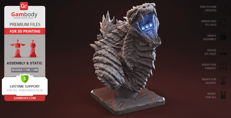 A detailed 3D bust of Godzilla from Singular Point, ready for 3D printing, displayed on a textured base.