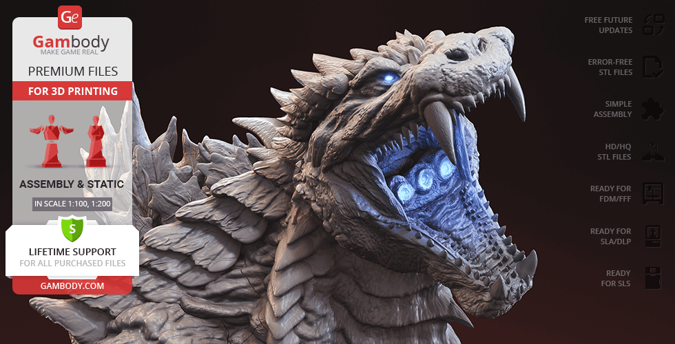 A detailed bust of Godzilla roaring, showing textured scales and glowing mouth, designed for 3D printing.