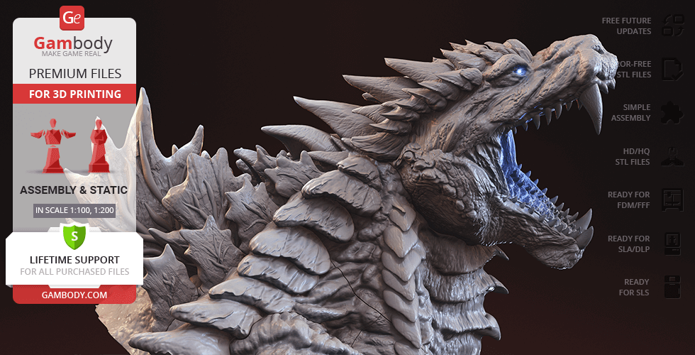 3D bust of Godzilla with detailed scales and spikes, mouth open in a fierce expression.