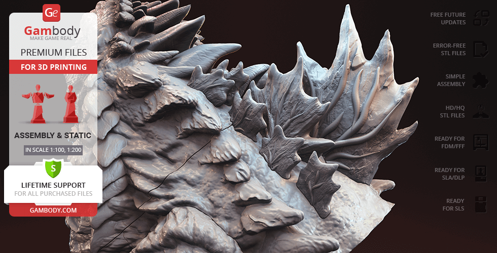 Detailed 3D bust of Godzilla from 'Singular Point,' showcasing intricate textures and spiky dorsal fins.