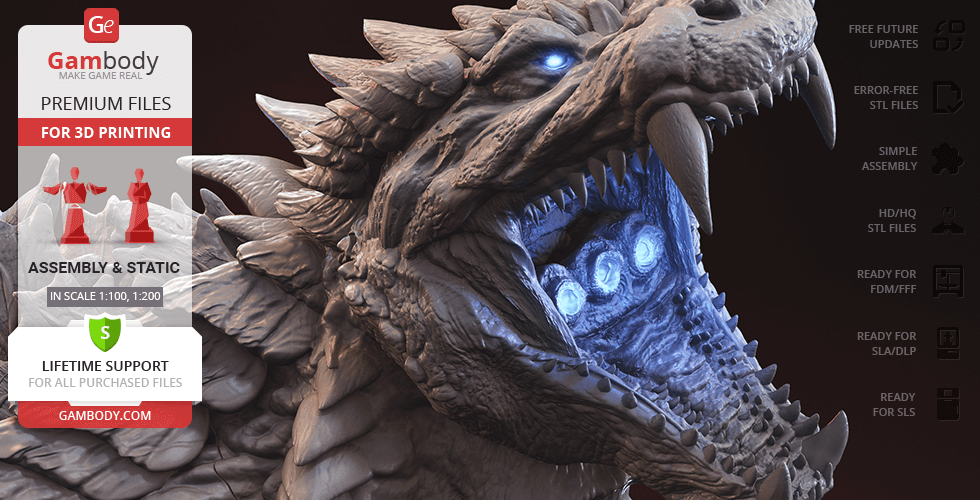 A detailed 3D bust of Godzilla roaring, showcasing sharp teeth and glowing eyes.