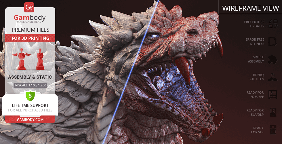 3D model bust of Godzilla with detailed scales and open mouth, ready for printing, shown in wireframe view.