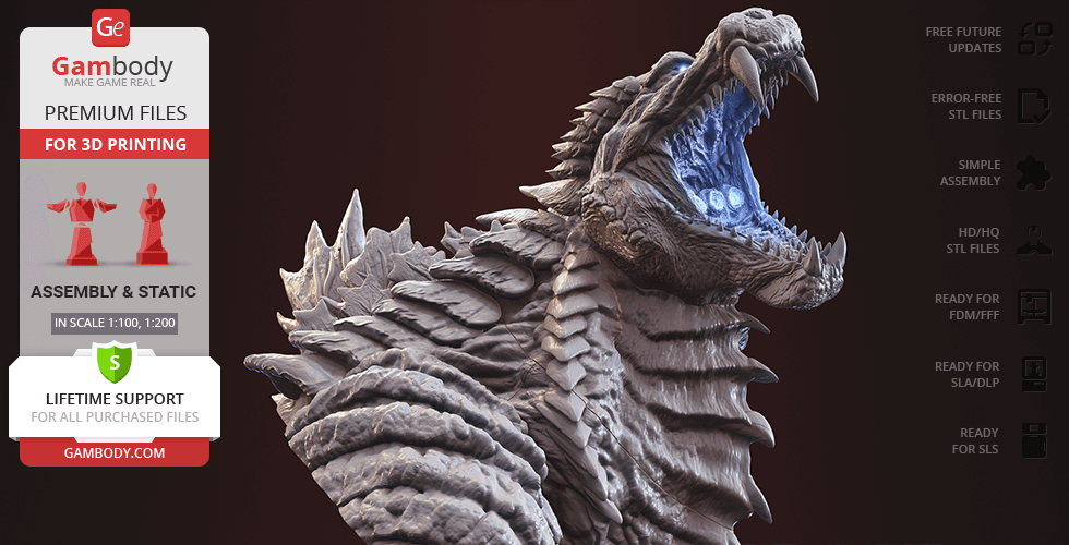 A detailed 3D bust of Godzilla roaring, with jagged scales and glowing blue eyes, shown for 3D printing.
