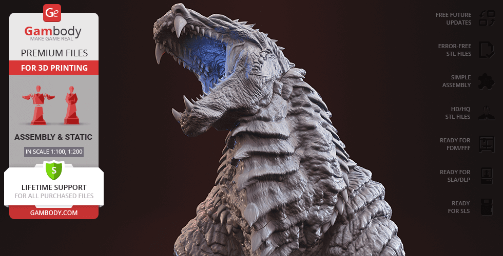 Bust of Godzilla bearing an open mouth and textured scales, designed for 3D printing.