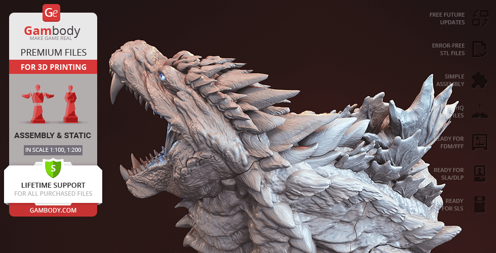 A detailed 3D model of Godzilla's head and neck, featuring sharp scales and an open mouth, ready for 3D printing.