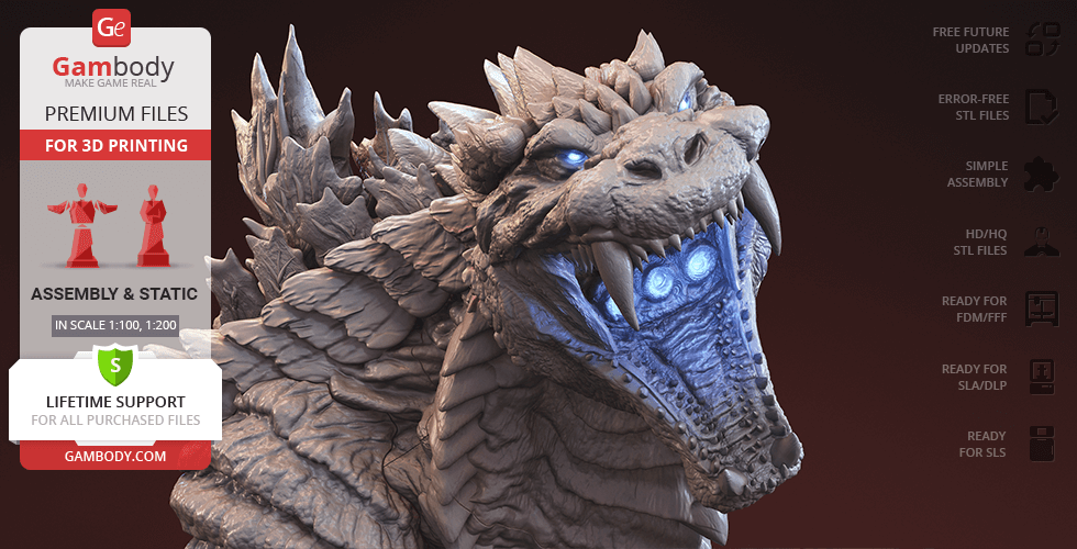 A detailed 3D bust of a fierce, spiky Godzilla with glowing blue eyes, created for 3D printing.