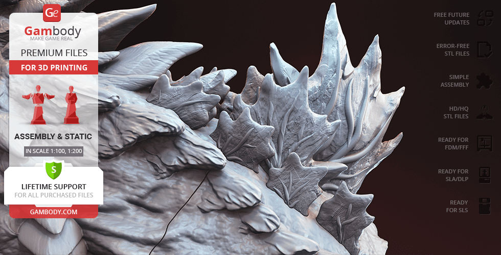 Intricate 3D bust of Godzilla with detailed spines, ready for 3D printing, by Gambody.