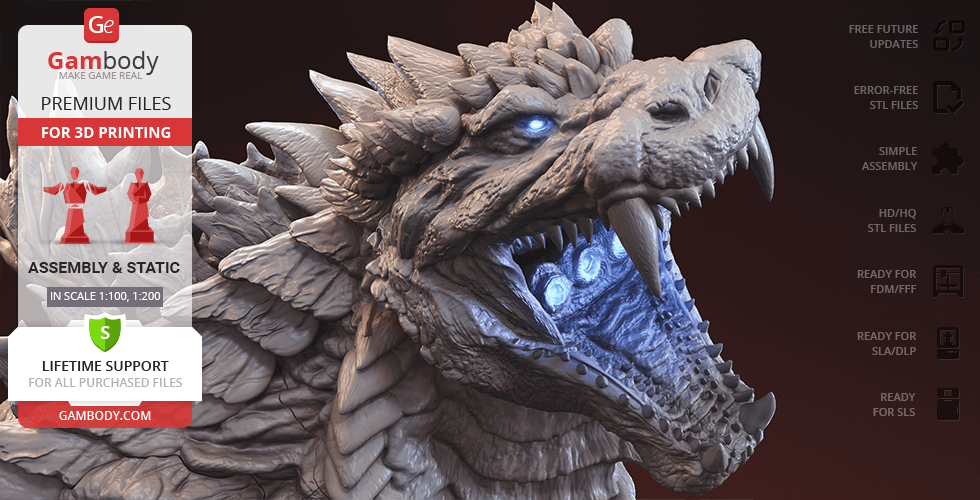 A detailed, roaring Godzilla bust with glowing eyes, designed for 3D printing.