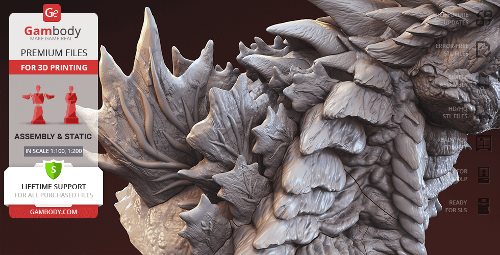 Detailed bust of Godzilla with textured scales and spines, designed for 3D printing.