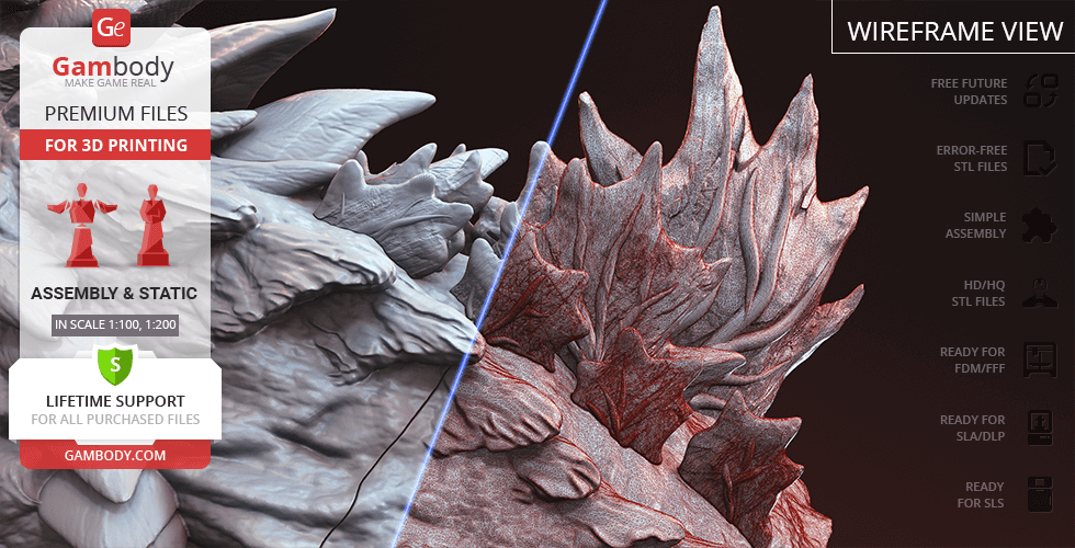 3D model bust of a creature with detailed spikes and textures, shown in a wireframe view for printing.