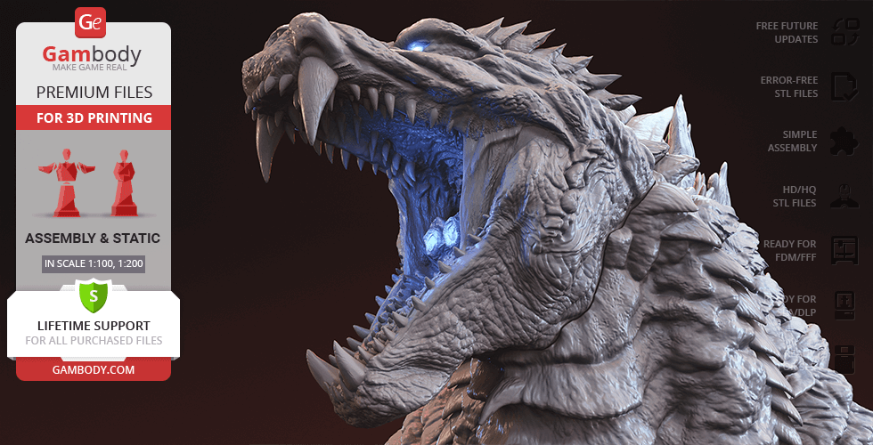 A detailed 3D bust of Godzilla with an open mouth and textured scales for 3D printing.
