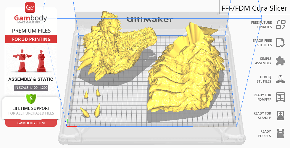 3D printing preview of Godzilla Singular Point bust components, displayed in yellow on a grid platform.