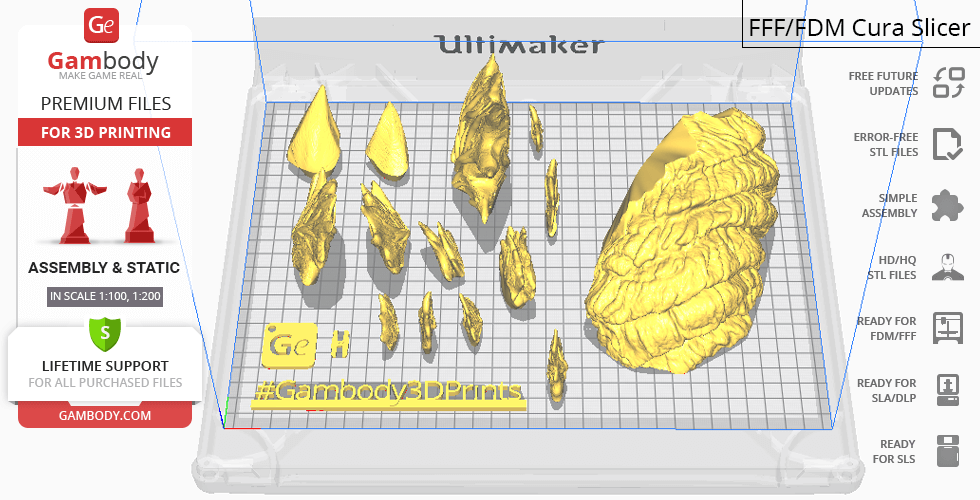 3D print setup of Godzilla Singular Point bust components on a virtual build plate.