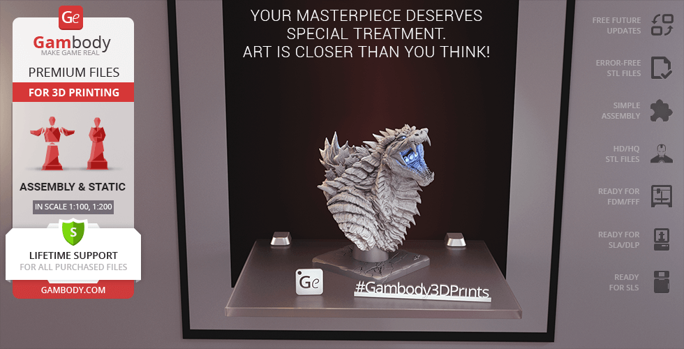 A detailed 3D-printed bust of Godzilla Singular Point displayed on a platform with promotional text.