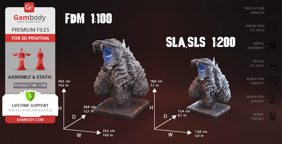 A detailed Godzilla bust for 3D printing, shown in two scales with measurements, by Gambody.