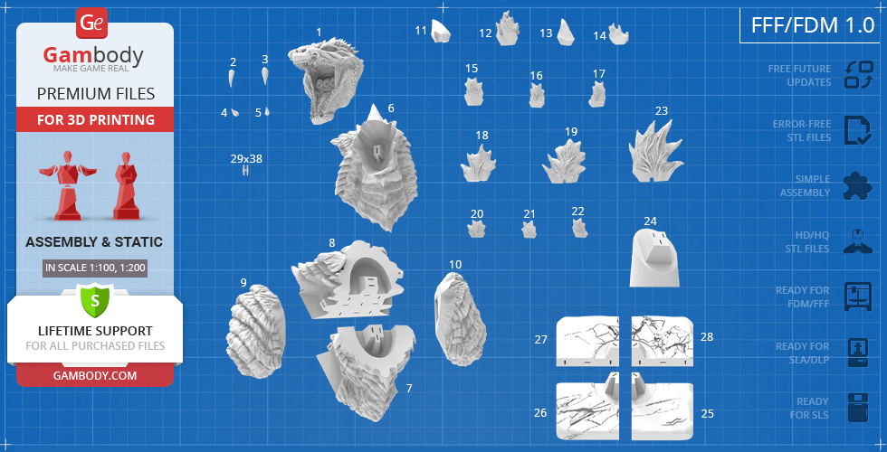Godzilla bust 3D print model parts with spikes and base on a blueprint background.