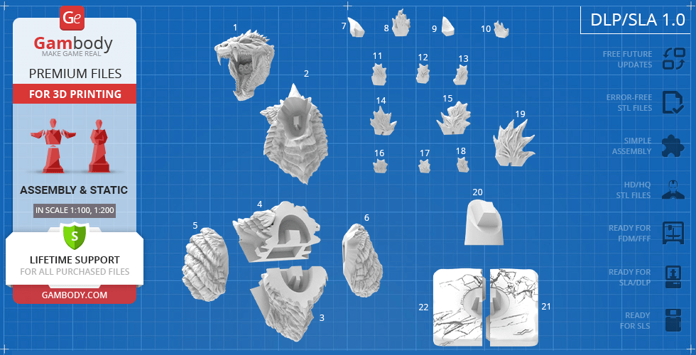 Godzilla bust model parts layout for 3D printing with various head and body pieces.