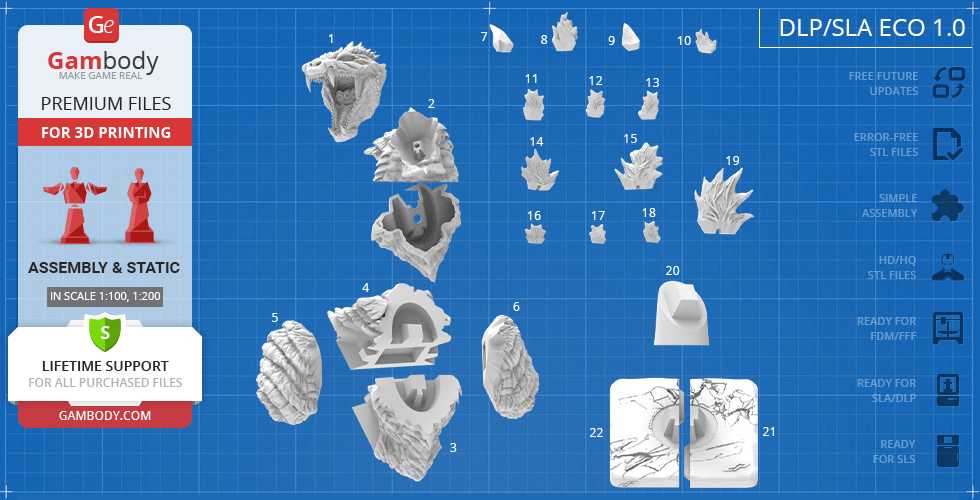 3D printable Godzilla Singular Point bust parts layout on a blueprint-style background.