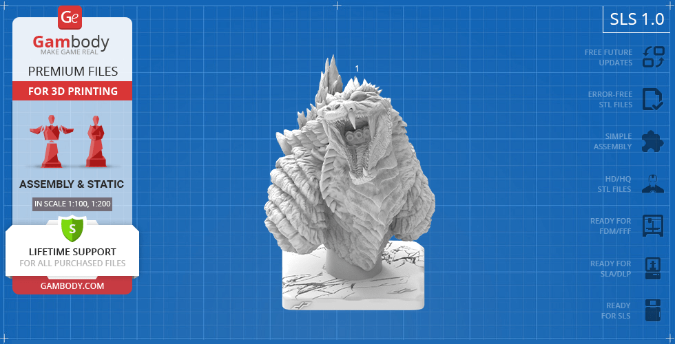 A detailed bust of Godzilla Singular Point for 3D printing, showing a fierce expression and textured surface.