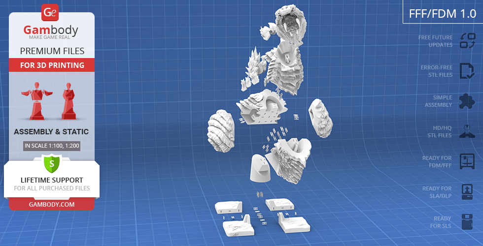 3D model pieces of a Godzilla Singular Point bust displayed for assembly and printing on a blue grid background.