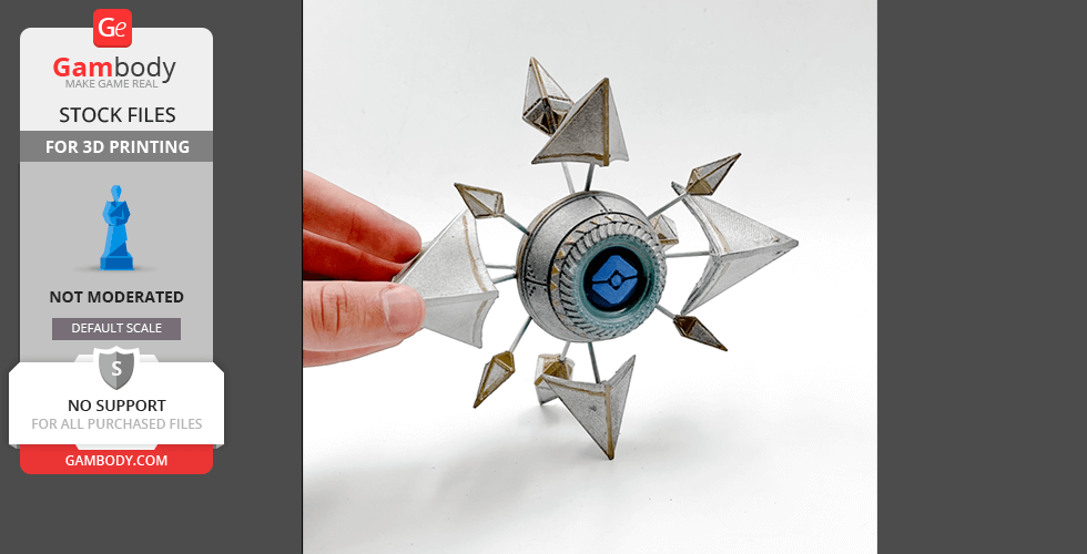 A futuristic geometric shell with a central blue core, featuring pointed metallic extensions.