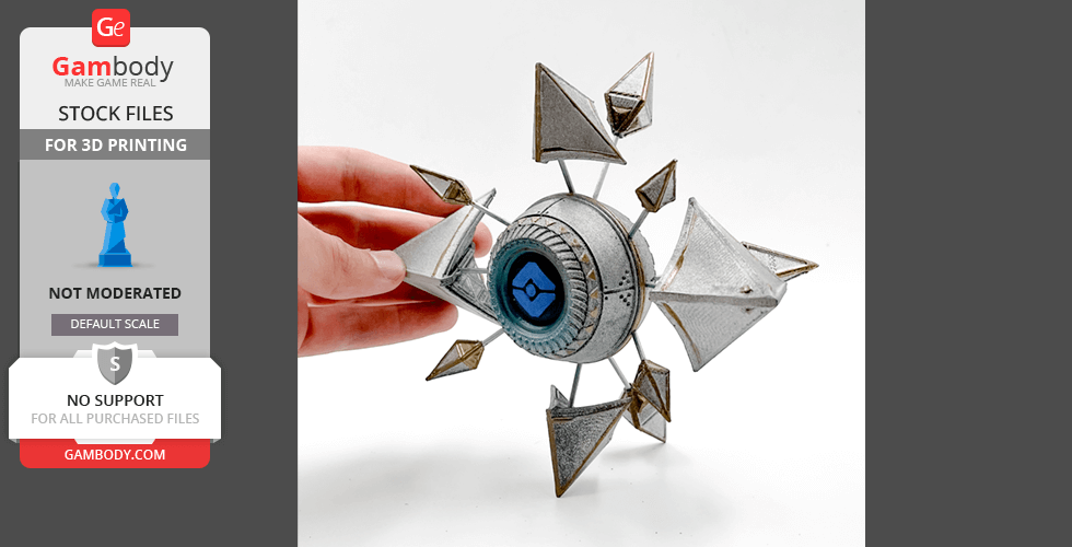 A person holds a detailed 3D model of Sagira's Ghost Shell from Destiny 2 with metallic textures.