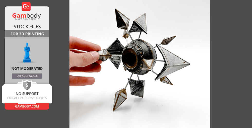 A 3D-printed geometric shell with angular, metallic spikes and a central spherical core design.