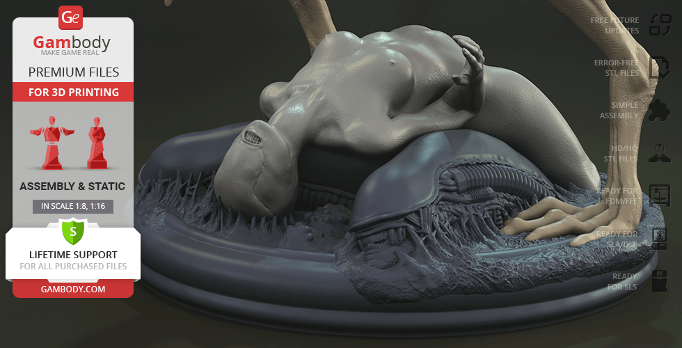 A detailed 3D model of an alien creature on a textured base, designed for 3D printing.