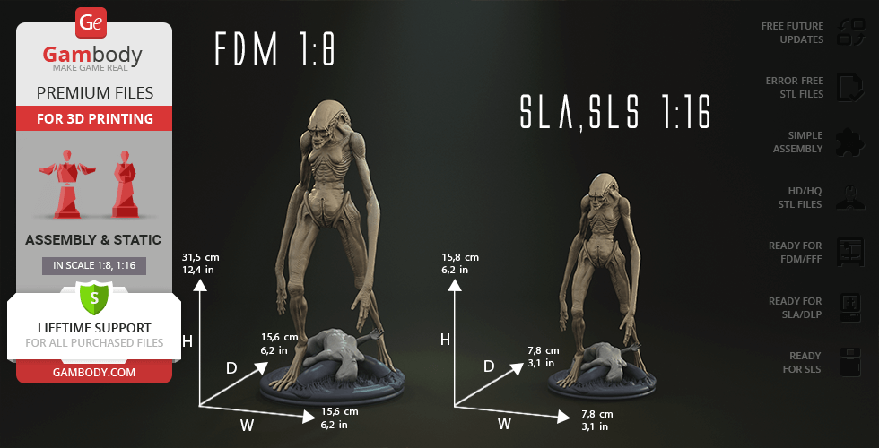 A 3D model of an eerie humanoid creature with elongated limbs, shown in two scales for 3D printing.