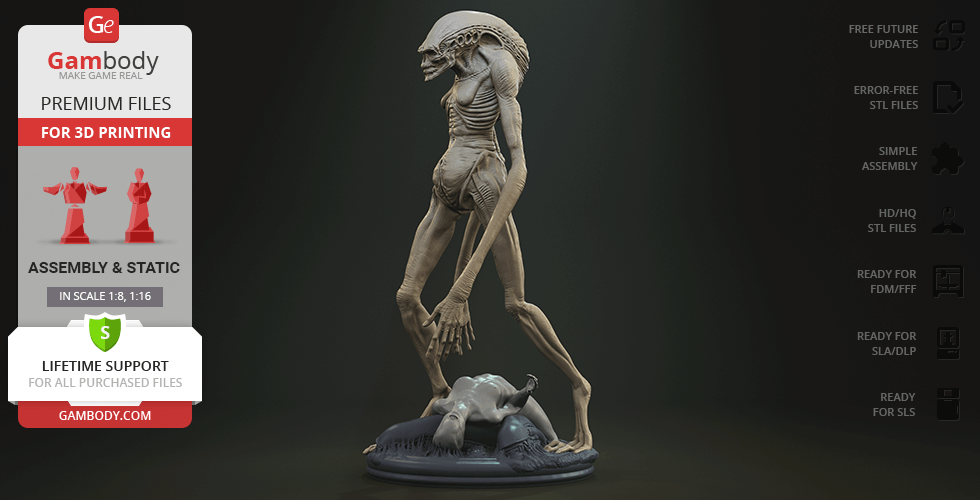 A detailed 3D model of an Alien Newborn standing on a themed base for 3D printing.