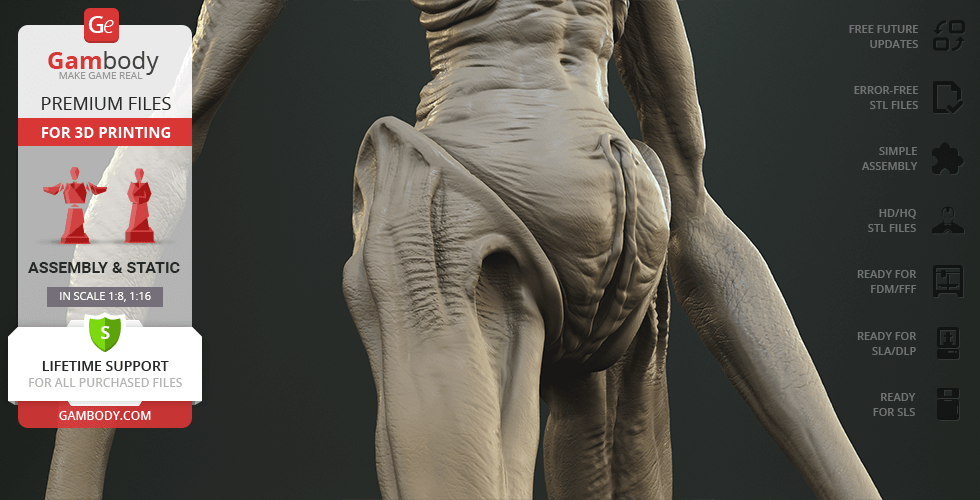 A detailed 3D model of an alien creature with textured skin, designed for 3D printing.