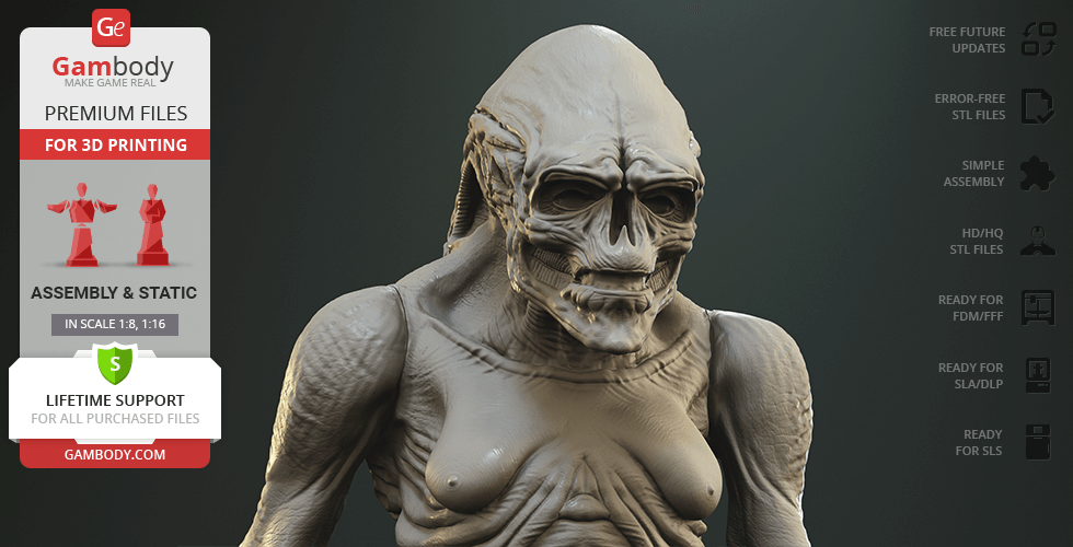 A detailed 3D model of the Alien Newborn creature, showcasing its distinct, textured features for printing.
