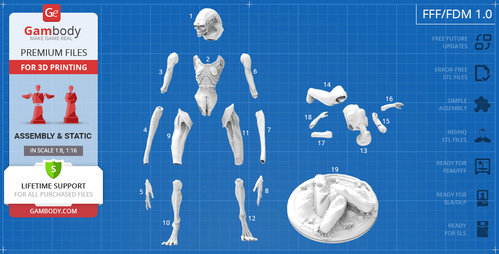 3D printable STL parts of an alien newborn model, displayed on a blue grid layout.