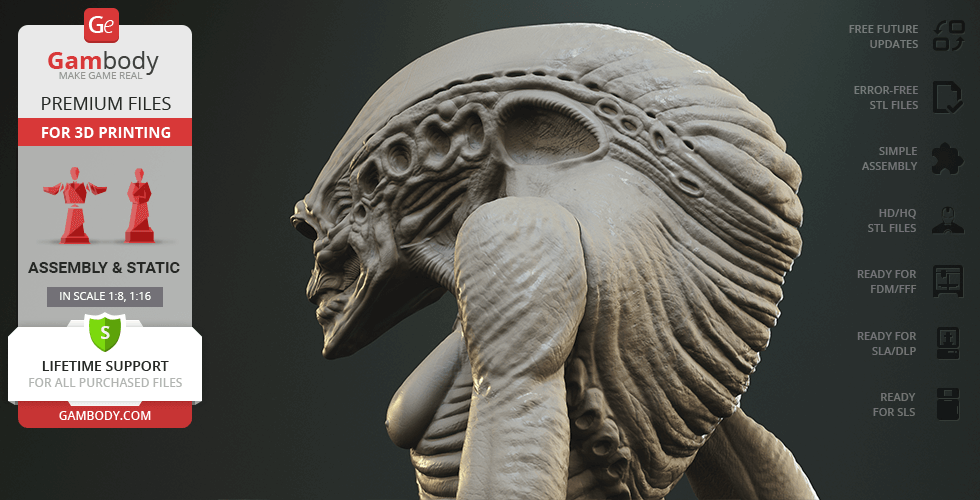 A detailed 3D model of an Alien Newborn creature, featuring a textured head and body, for 3D printing.