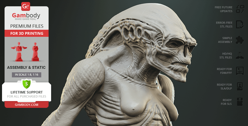 A detailed 3D model of an alien creature with textured skin and elongated head, optimized for 3D printing.