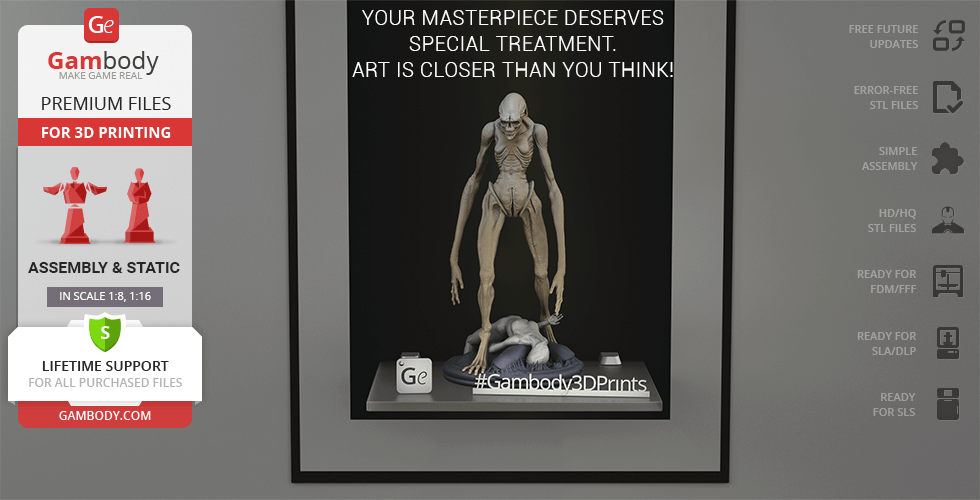 Alien Newborn 3D model in a display, includes detailed creature and victim figures for printing.