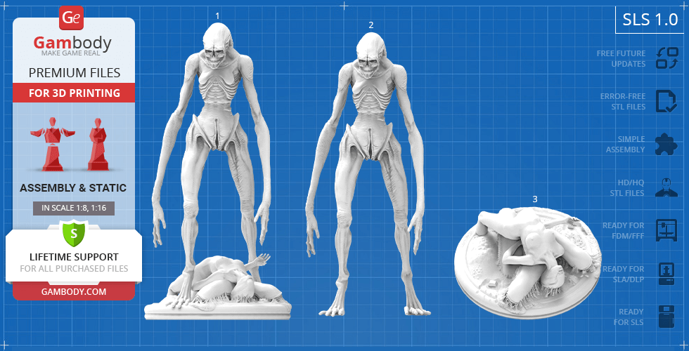 A detailed 3D model of a humanoid alien newborn creature in various poses for 3D printing.