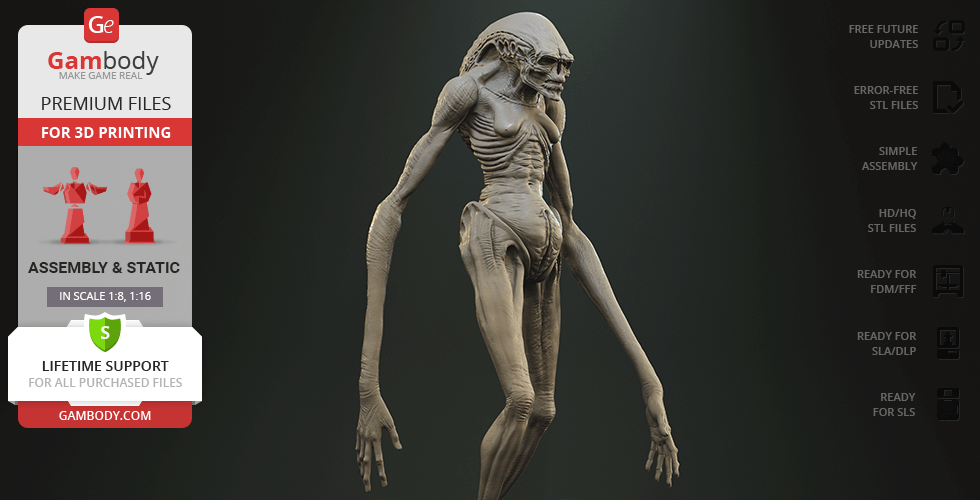 A detailed 3D model of a humanoid alien creature, with elongated limbs and a menacing appearance.